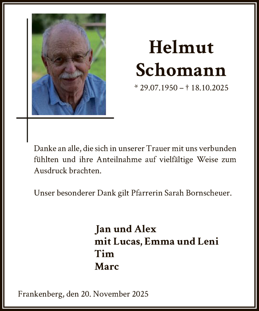  Traueranzeige für Helmut Schomann vom 20.11.2025 aus HNA