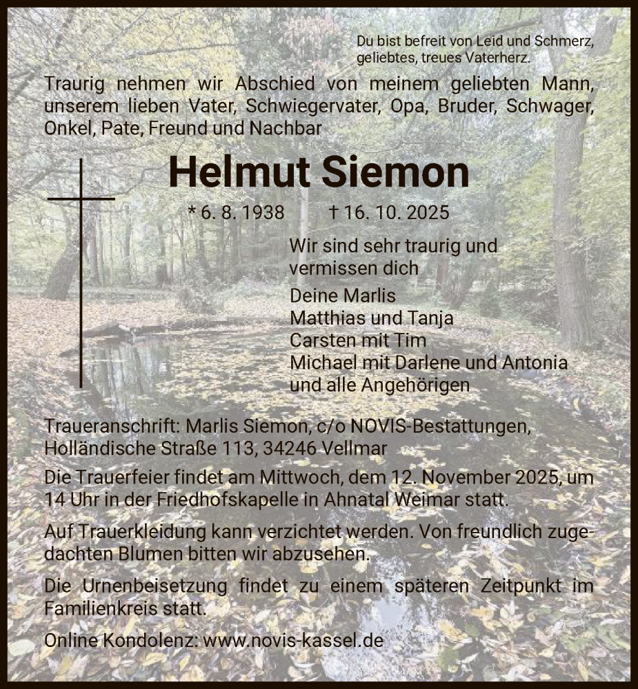  Traueranzeige für Helmut Siemon vom 08.11.2025 aus HNA