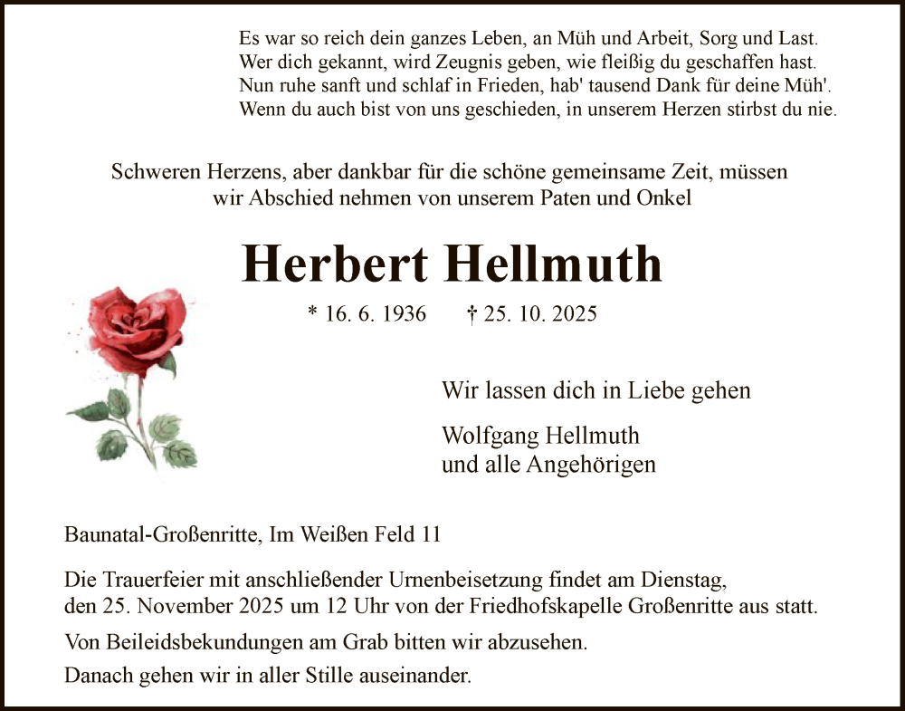  Traueranzeige für Herbert Hellmuth vom 22.11.2025 aus HNA