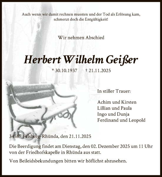 Traueranzeige von Herbert Wilhelm Geißer von HNAHNA