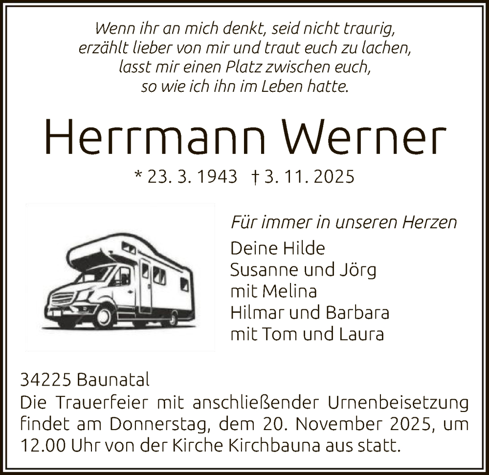  Traueranzeige für Herrmann Werner vom 15.11.2025 aus HNA