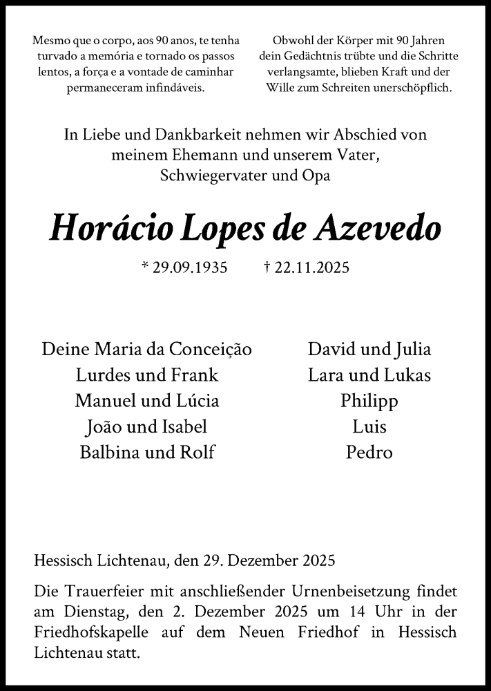  Traueranzeige für Horácio Lopes de Azevedo vom 29.11.2025 aus HNA