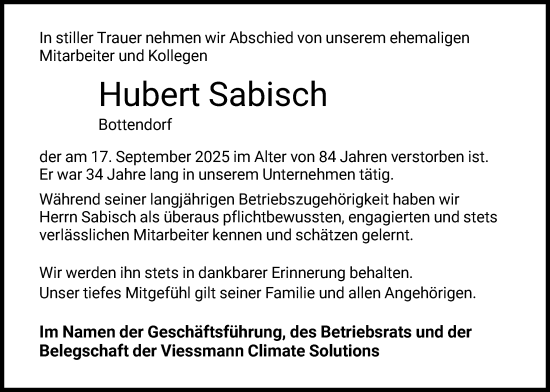 Traueranzeige von Hubert Sabisch von HNA
