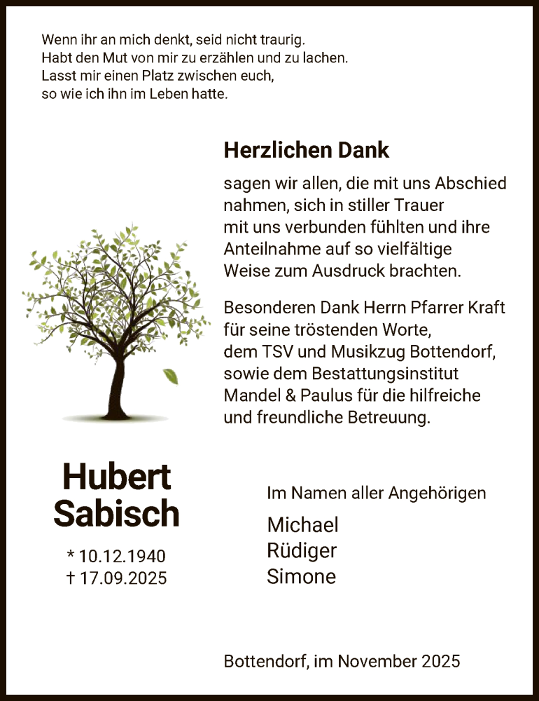  Traueranzeige für Hubert Sabisch vom 08.11.2025 aus HNA