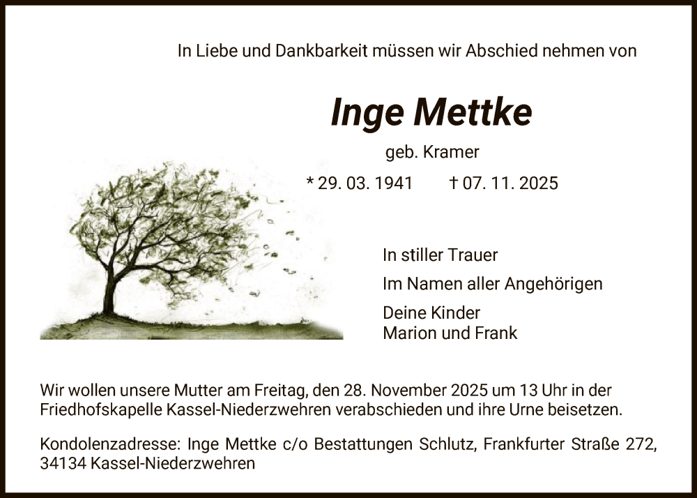  Traueranzeige für Inge Mettke vom 22.11.2025 aus HNA