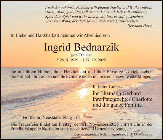 Traueranzeige von Ingrid Bednarzik von HNA