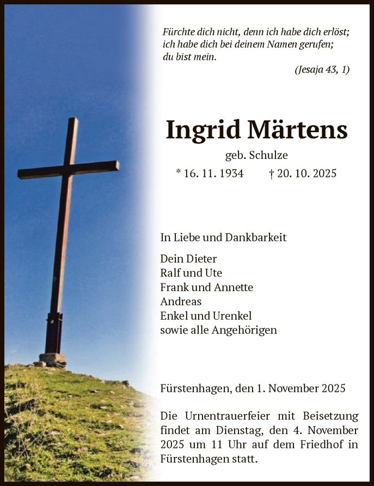  Traueranzeige für Ingrid Märtens vom 01.11.2025 aus HNA