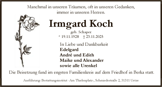 Traueranzeige von Irmgard Koch von HNA