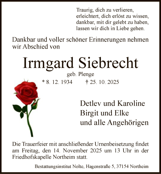 Traueranzeige von Irmgard Siebrecht von HNA