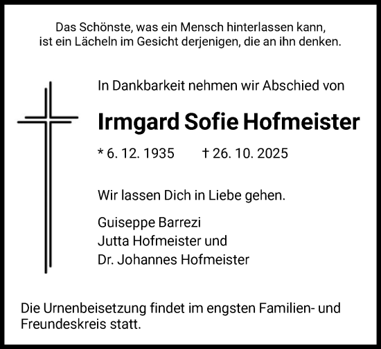 Traueranzeige von Irmgard Sofie Hofmeister von HNA