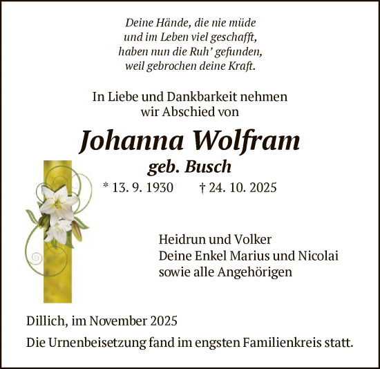Traueranzeige von Johanna Wolfram von HNA