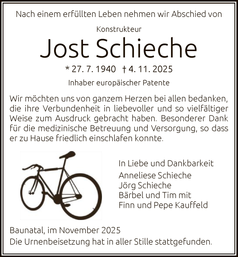  Traueranzeige für Jost Schieche vom 29.11.2025 aus HNA