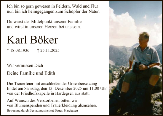 Traueranzeige von Karl Böker von HNA