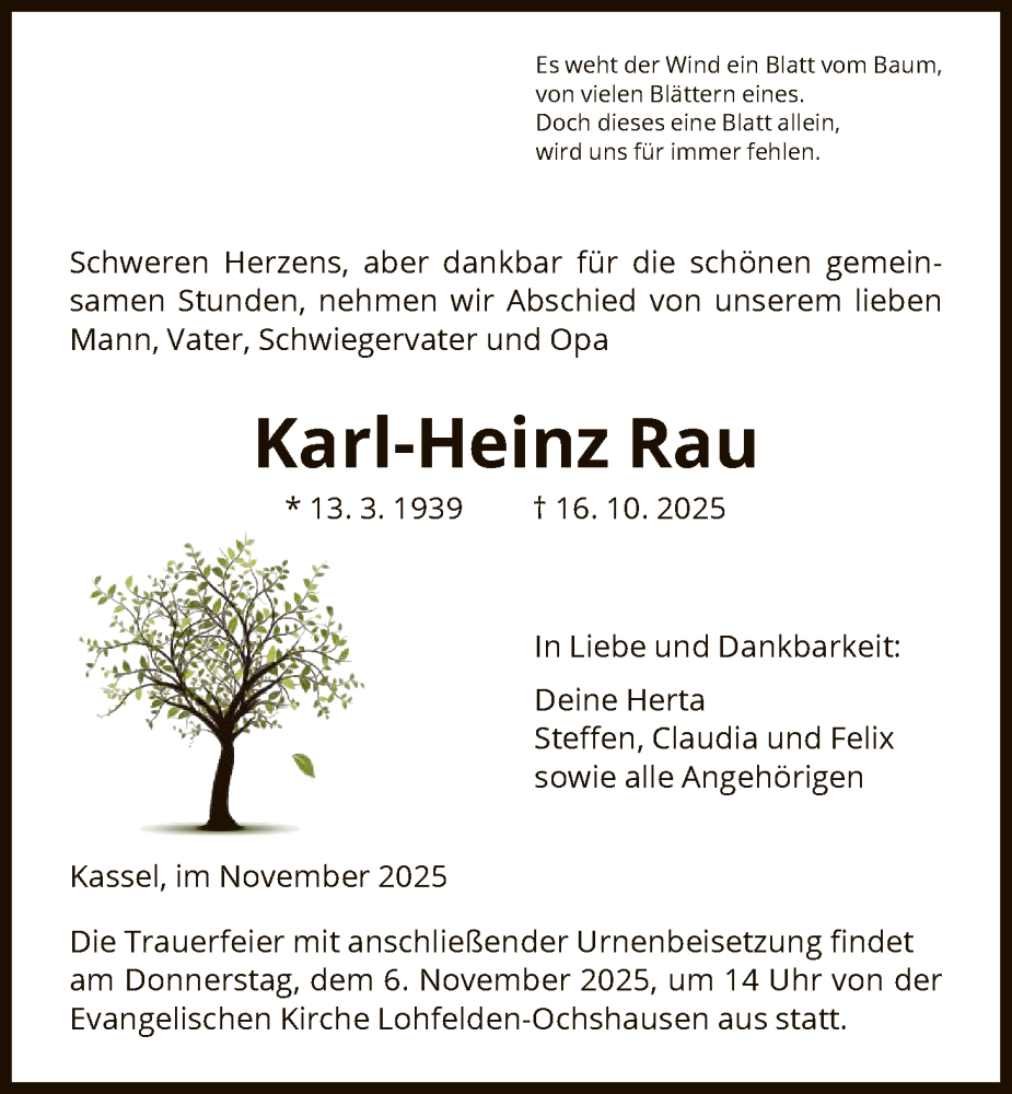  Traueranzeige für Karl-Heinz Rau vom 01.11.2025 aus HNA
