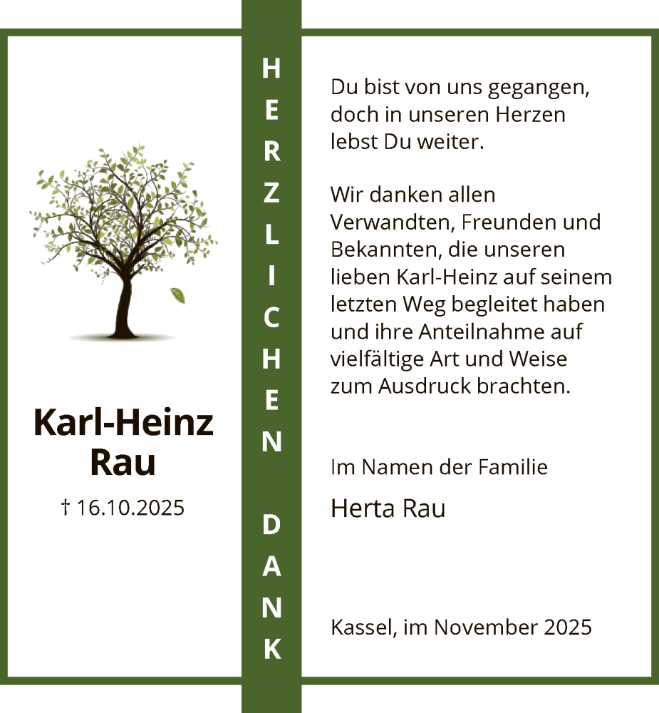  Traueranzeige für Karl-Heinz Rau vom 22.11.2025 aus HNA