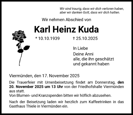 Traueranzeige von Karl Heinz Kuda von HNA