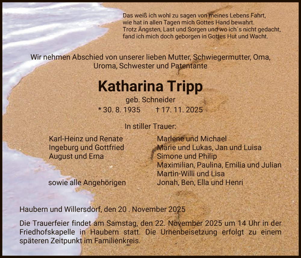  Traueranzeige für Katharina Tripp vom 20.11.2025 aus HNA