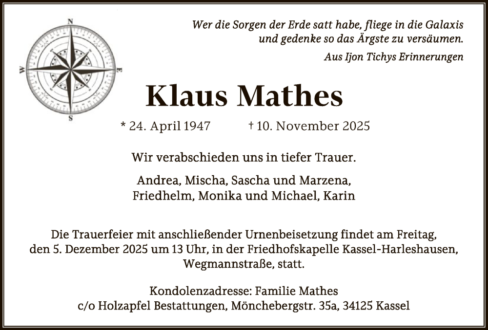  Traueranzeige für Klaus Mathes vom 29.11.2025 aus HNA