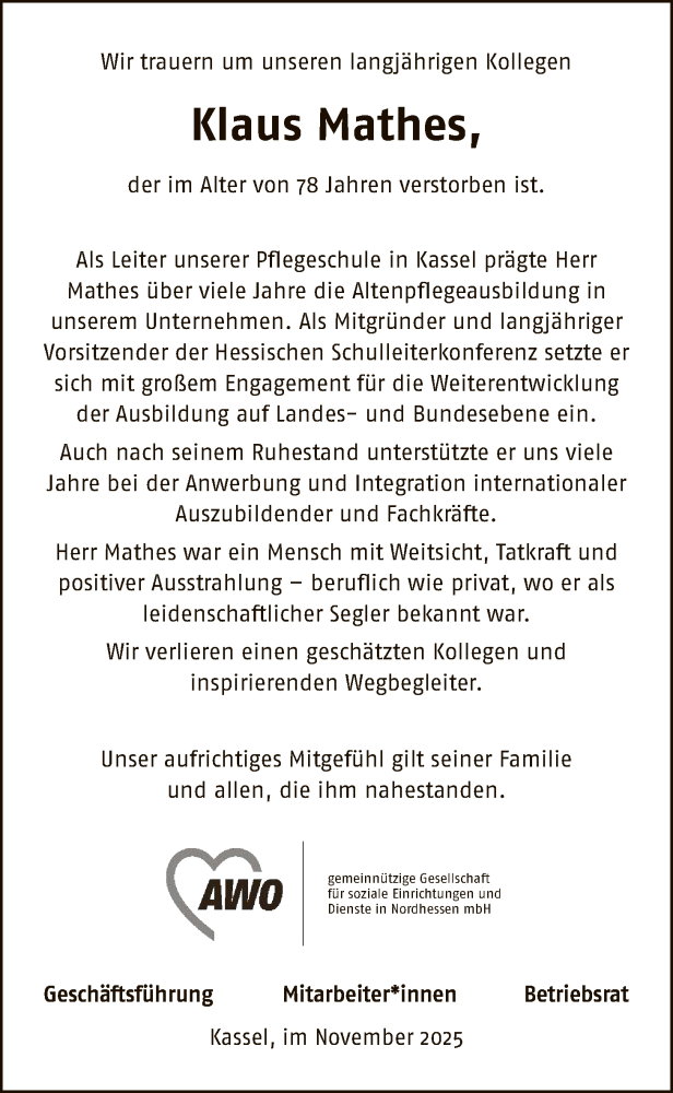  Traueranzeige für Klaus Mathes vom 29.11.2025 aus HNA