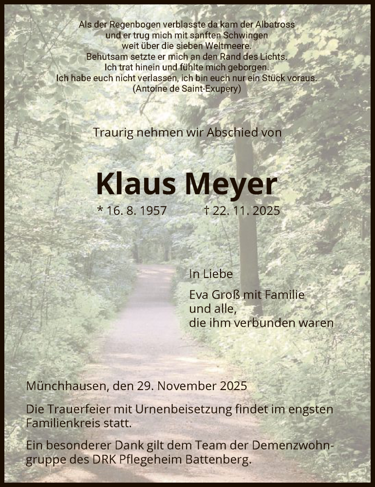  Traueranzeige für Klaus Meyer vom 29.11.2025 aus HNA