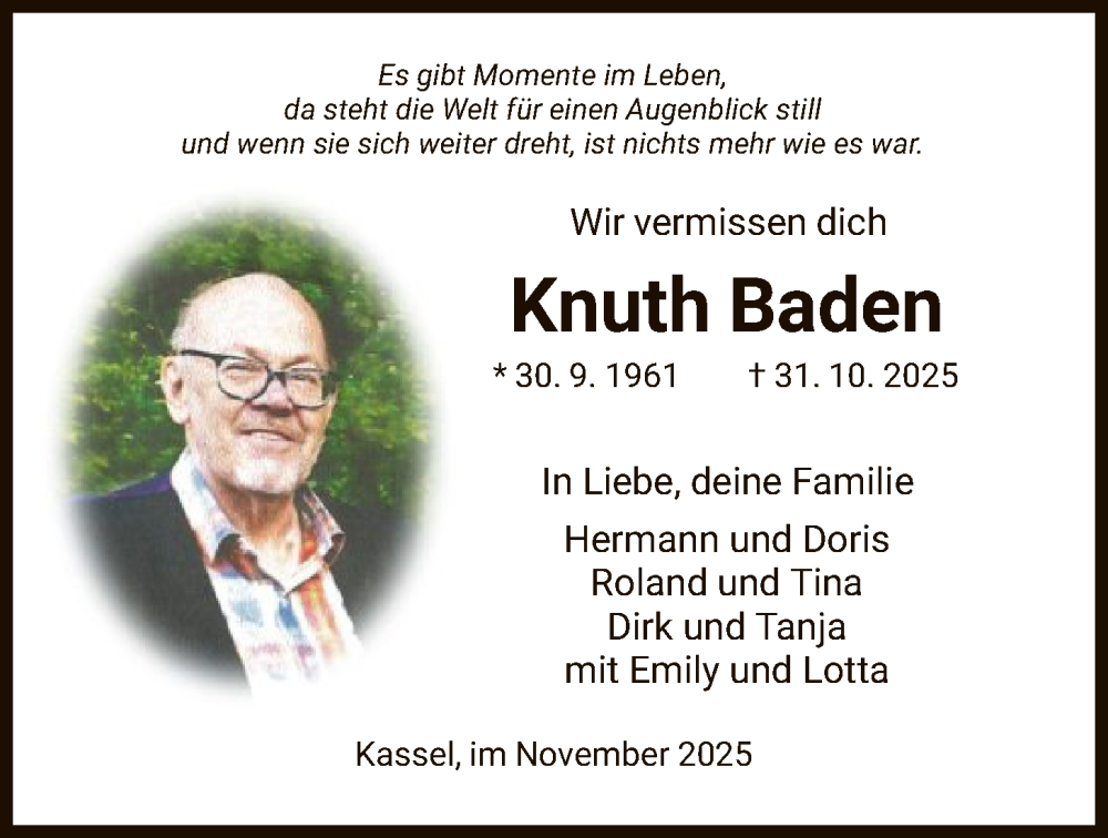  Traueranzeige für Knuth Baden vom 15.11.2025 aus HNA