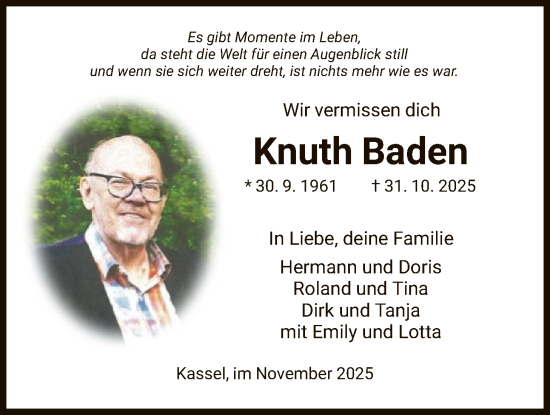 Traueranzeige von Knuth Baden von HNA