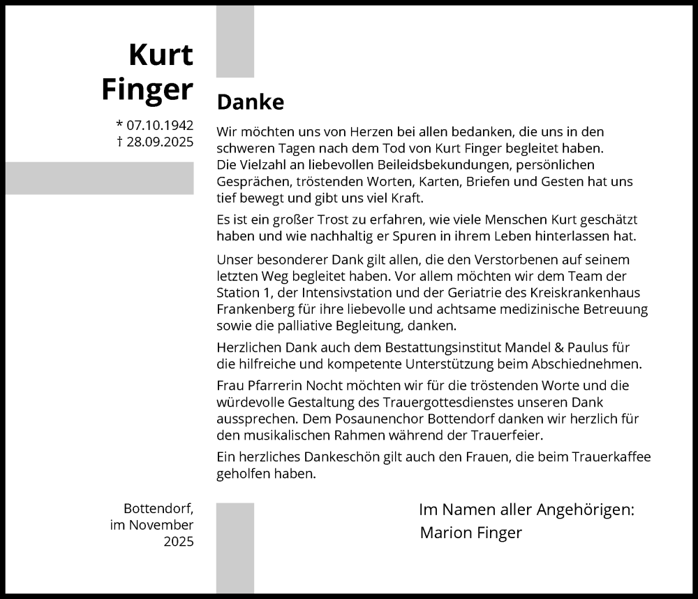  Traueranzeige für Kurt Finger vom 01.11.2025 aus HNA