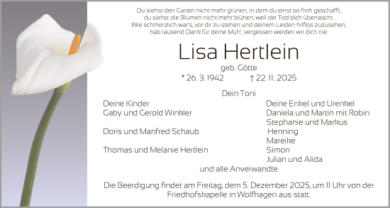 Traueranzeige von Lisa Hertlein von HNA