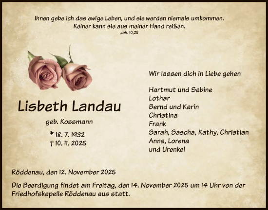 Traueranzeige von Lisbeth Landau von HNA