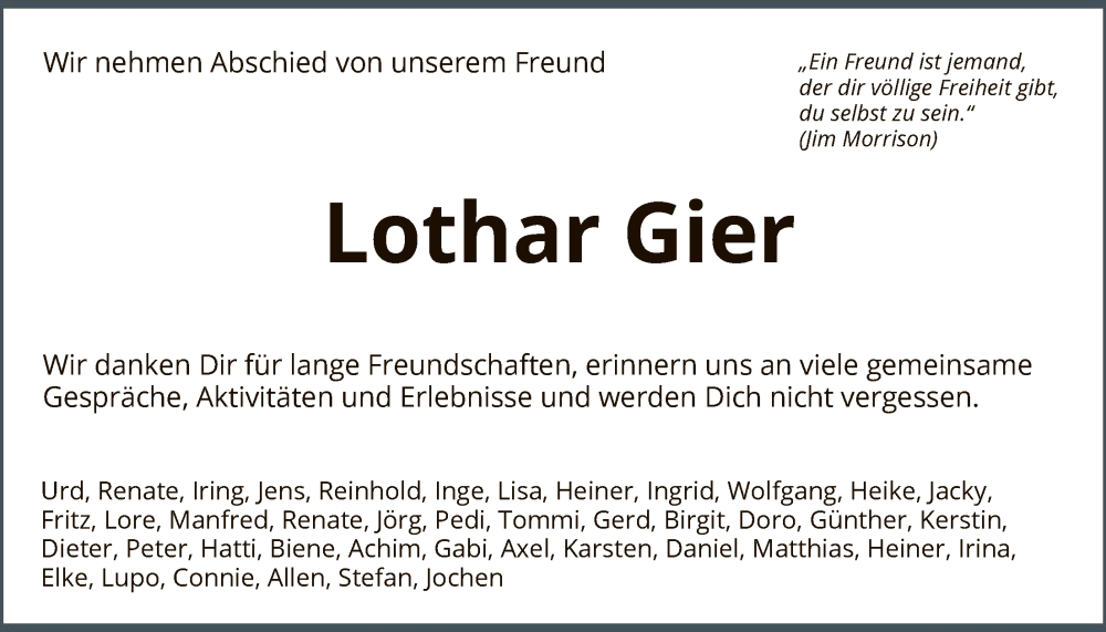  Traueranzeige für Lothar Gier vom 01.11.2025 aus HNAHNA