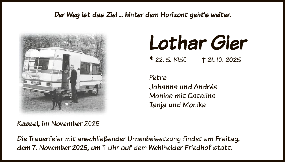  Traueranzeige für Lothar Gier vom 01.11.2025 aus HNAHNA