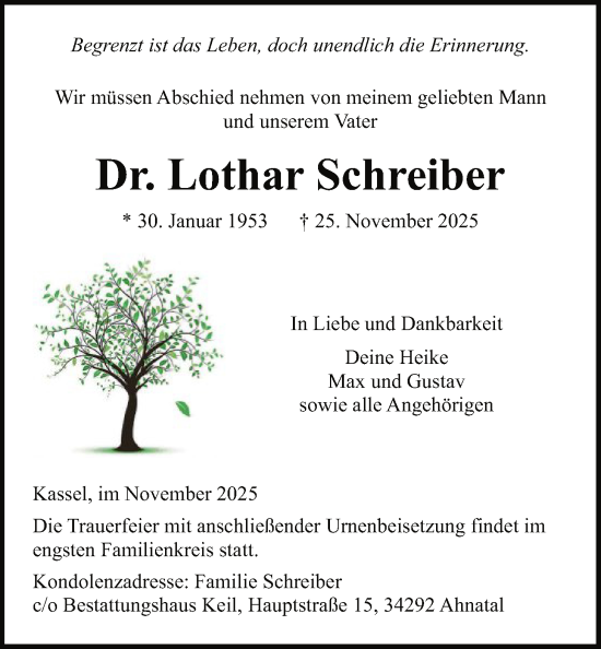 Traueranzeige von Lothar Schreiber von HNA
