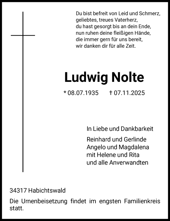 Traueranzeige von Ludwig Nolte von HNA