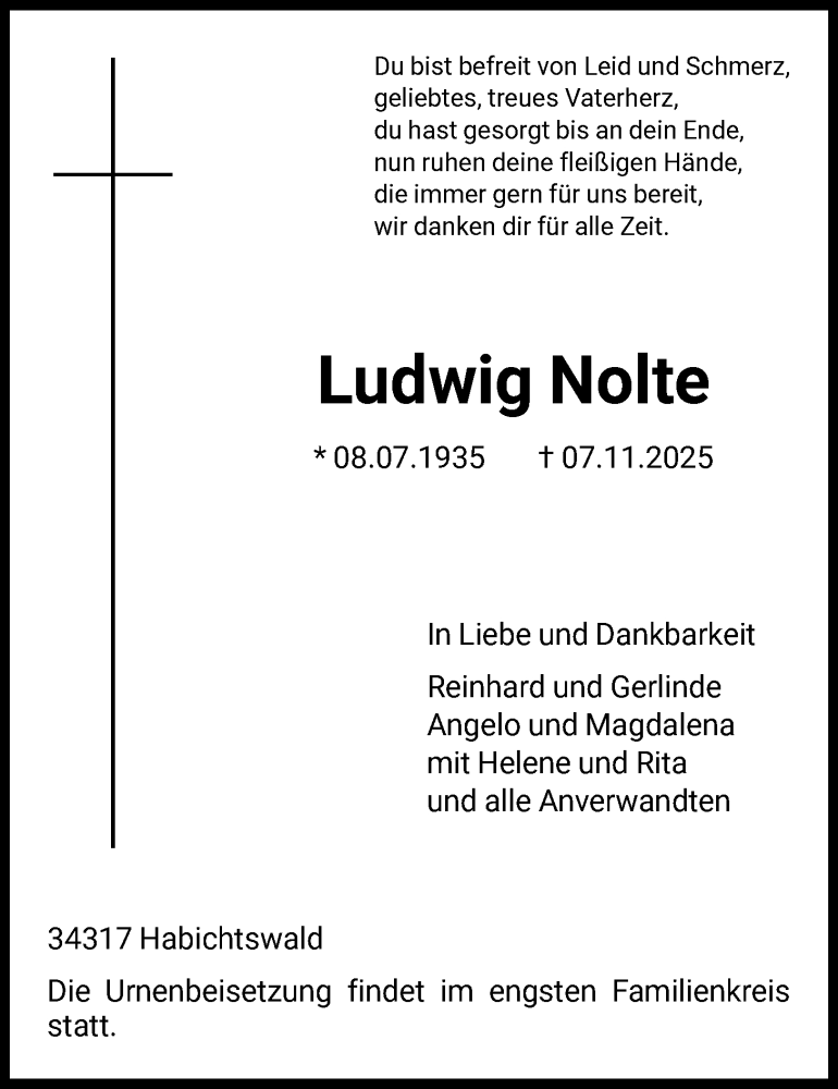  Traueranzeige für Ludwig Nolte vom 26.11.2025 aus HNA