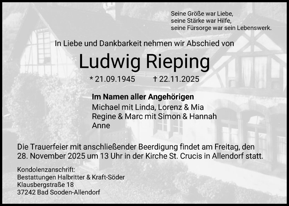  Traueranzeige für Ludwig Rieping vom 26.11.2025 aus HNA