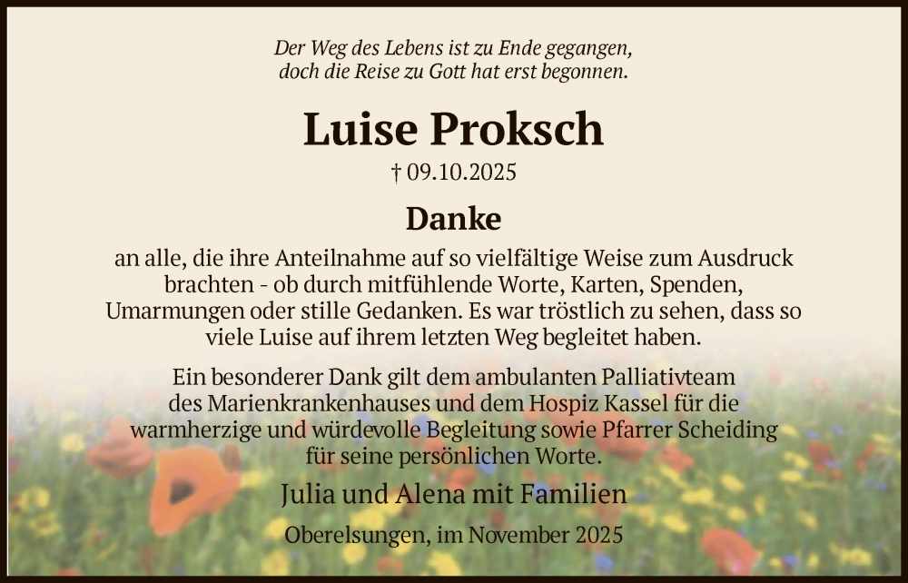  Traueranzeige für Luise Proksch vom 22.11.2025 aus HNA