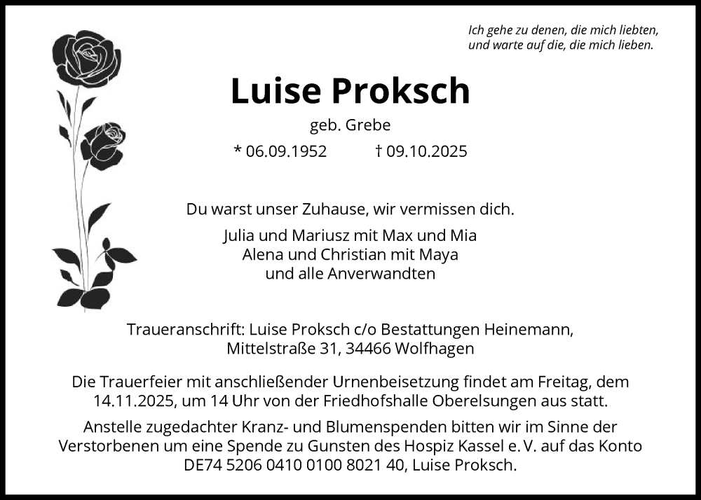  Traueranzeige für Luise Proksch vom 08.11.2025 aus HNA