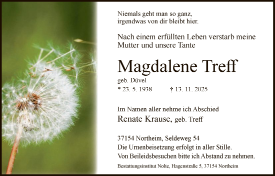 Traueranzeige von Magdalene Treff von HNA