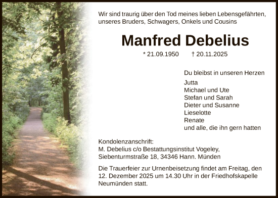 Traueranzeige von Manfred Debelius von HNA