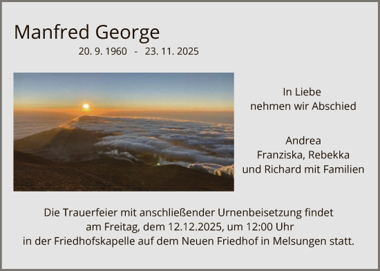 Traueranzeige von Manfred George von HNA