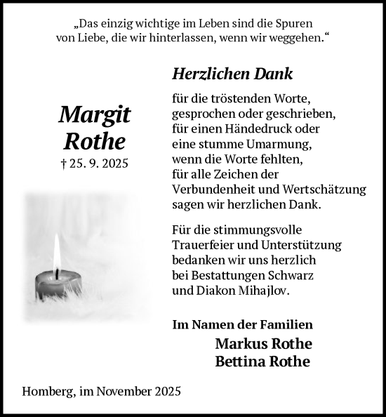 Traueranzeige von Margit Rothe von HNA
