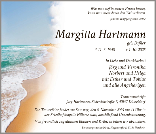 Traueranzeige von Margitta Hartmann von HNA