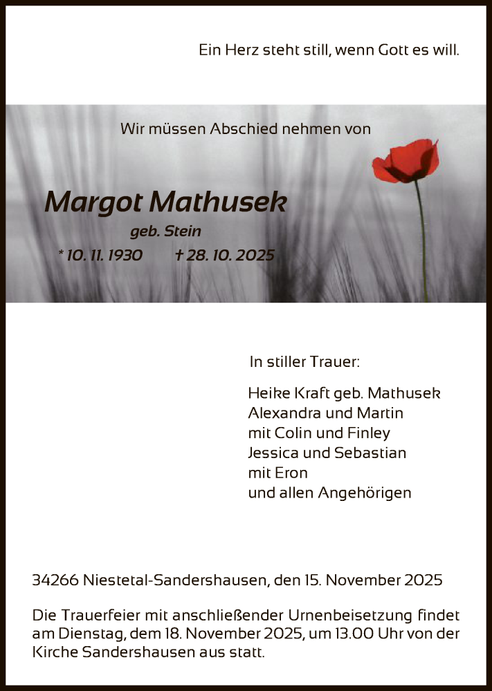  Traueranzeige für Margot Mathusek vom 15.11.2025 aus HNA