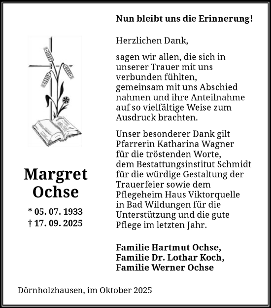 Traueranzeige von Margret Ochse von HNAWLZ