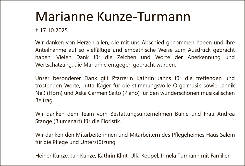  Traueranzeige für Marianne Kunze-Turmann vom 22.11.2025 aus HNA
