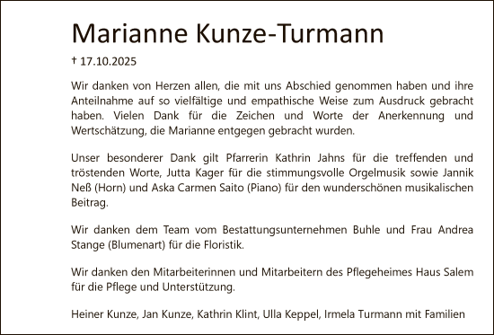 Traueranzeige von Marianne Kunze-Turmann von HNA