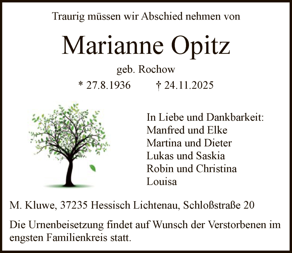  Traueranzeige für Marianne Opitz vom 29.11.2025 aus HNA