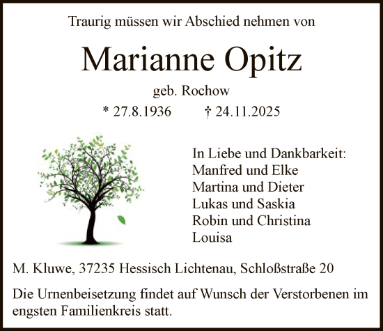 Traueranzeige von Marianne Opitz von HNA