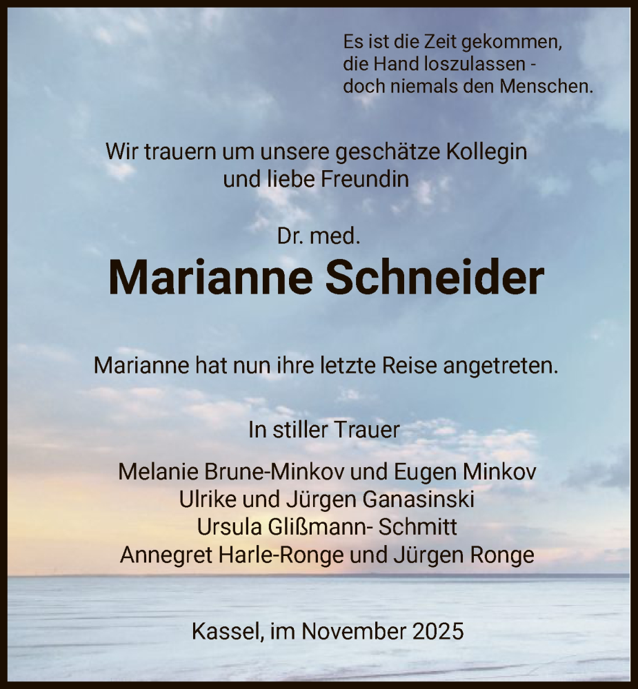  Traueranzeige für Marianne Schneider vom 29.11.2025 aus HNA