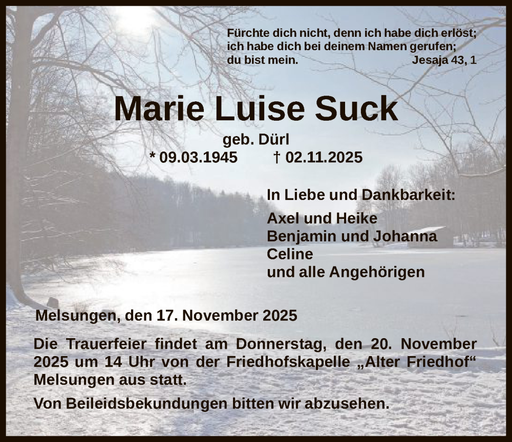  Traueranzeige für Marie Luise Suck vom 17.11.2025 aus HNA